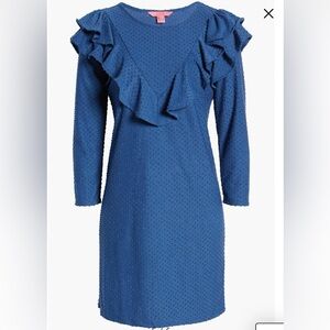 Lilly Pulitzer Pheby Blue Flocked Dot Ruffle Long Sleeve Sheath Dress Sz XS